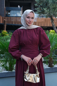 Bel Büzgü Detay Elbise Bordo