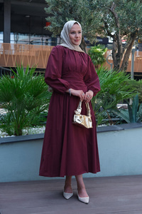 Bel Büzgü Detay Elbise Bordo