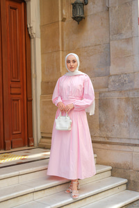 Bel Büzgü Detay Elbise Pembe