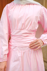 Bel Büzgü Detay Elbise Pembe