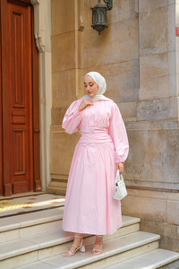 Bel Büzgü Detay Elbise Pembe