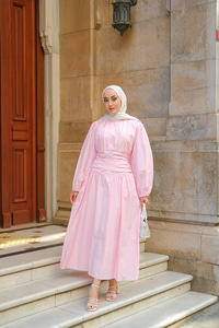 Bel Büzgü Detay Elbise Pembe