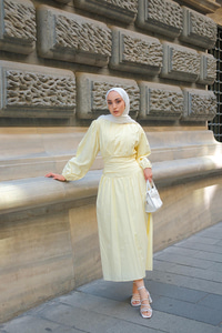 Bel Büzgü Detay Elbise Sarı