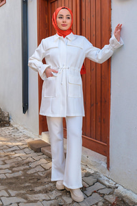 Bel Büzgülü Cepli İkili Takım Beyaz