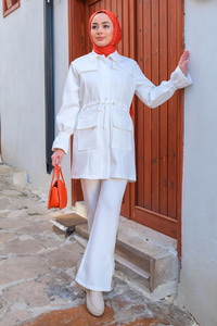 Bel Büzgülü Cepli İkili Takım Beyaz
