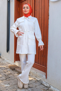 Bel Büzgülü Cepli İkili Takım Beyaz