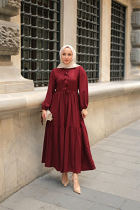 Bel Büzgülü Elbise Bordo