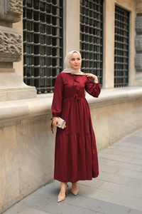 Bel Büzgülü Elbise Bordo