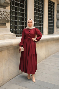 Bel Büzgülü Elbise Bordo