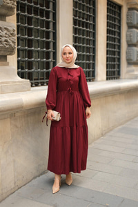 Bel Büzgülü Elbise Bordo