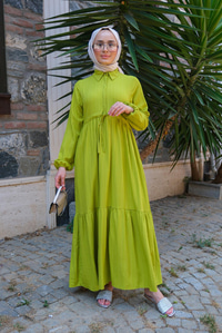 Bel Büzgülü Elbise Fıstık Yeşili