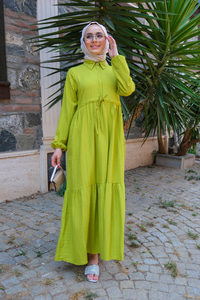 Bel Büzgülü Elbise Fıstık Yeşili