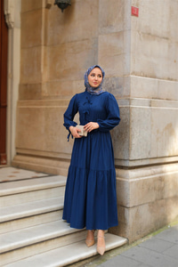 Bel Büzgülü Elbise Lacivert