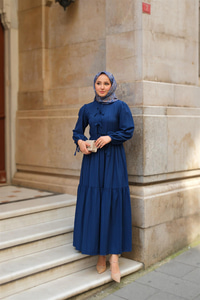 Bel Büzgülü Elbise Lacivert