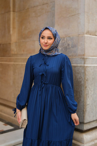 Bel Büzgülü Elbise Lacivert
