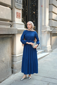 Bel Büzgülü Elbise Lacivert