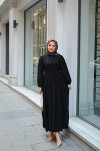 Bel Büzgülü Elbise Siyah