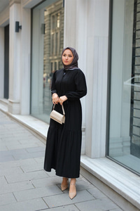 Bel Büzgülü Elbise Siyah