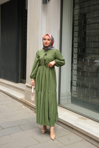 Bel Büzgülü Elbise Yeşil