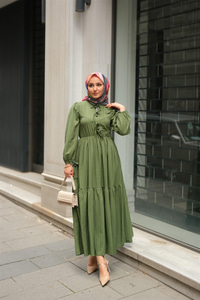 Bel Büzgülü Elbise Yeşil