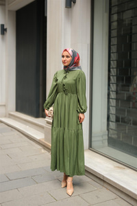 Bel Büzgülü Elbise Yeşil