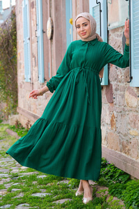 BEL BUZGULU ELBISE ZUMRUT YESIL