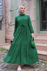 BEL BUZGULU ELBISE ZUMRUT YESIL