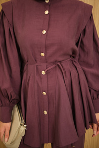 Bel Büzgülü Gold Düğme Detay Pantolonlu Takım Mürdüm