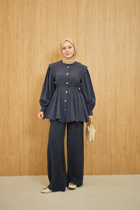 Bel Büzgülü Gold Düğme Detay Pantolonlu Takım Lacivert