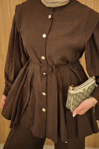 Bel Büzgülü Gold Düğme Detay Pantolonlu Takım Kahverengi