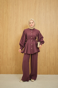 Bel Büzgülü Gold Düğme Detay Pantolonlu Takım Mürdüm