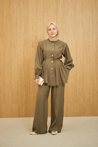 Bel Büzgülü Gold Düğme Detay Pantolonlu Takım Haki Yeşil