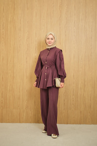 Bel Büzgülü Gold Düğme Detay Pantolonlu Takım Mürdüm