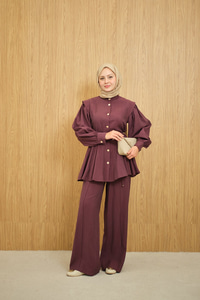 Bel Büzgülü Gold Düğme Detay Pantolonlu Takım Mürdüm