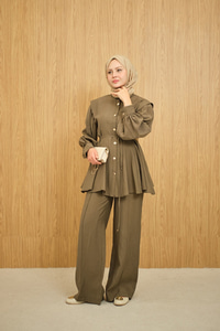 Bel Büzgülü Gold Düğme Detay Pantolonlu Takım Haki Yeşil