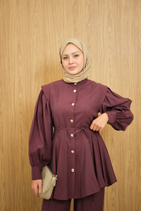 Bel Büzgülü Gold Düğme Detay Pantolonlu Takım Mürdüm