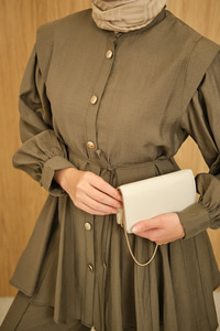 Bel Büzgülü Gold Düğme Detay Pantolonlu Takım Haki Yeşil