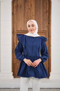 Bel Büzgülü Pile Detay Bisiklet Yaka Gömlek Lacivert