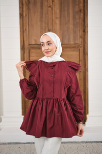 Bel Büzgülü Pile Detay Bisiklet Yaka Gömlek Bordo