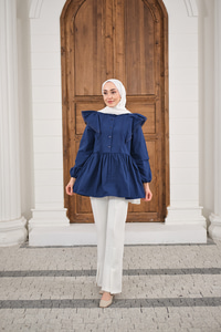 Bel Büzgülü Pile Detay Bisiklet Yaka Gömlek Lacivert