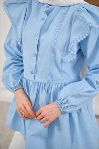 Bel Büzgülü Pile Detay Bisiklet Yaka Gömlek Bebe Mavi