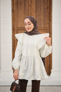 Bel Büzgülü Pile Detay Bisiklet Yaka Gömlek Beyaz