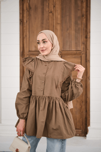 Bel Büzgülü Pile Detay Bisiklet Yaka Gömlek Kahverengi