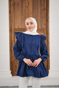 Bel Büzgülü Pile Detay Bisiklet Yaka Gömlek Lacivert