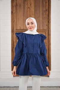 Bel Büzgülü Pile Detay Bisiklet Yaka Gömlek Lacivert