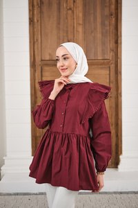 Bel Büzgülü Pile Detay Bisiklet Yaka Gömlek Bordo