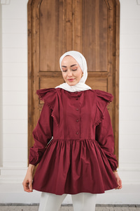 Bel Büzgülü Pile Detay Bisiklet Yaka Gömlek Bordo