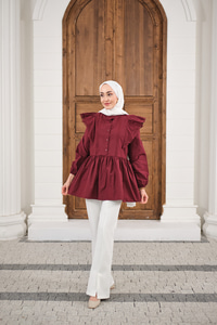 Bel Büzgülü Pile Detay Bisiklet Yaka Gömlek Bordo