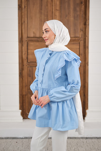 Bel Büzgülü Pile Detay Bisiklet Yaka Gömlek Bebe Mavi