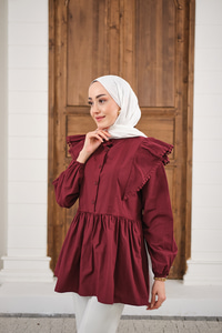 Bel Büzgülü Pile Detay Bisiklet Yaka Gömlek Bordo